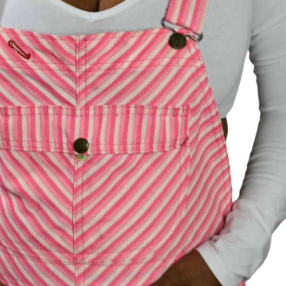 Vintage Mr Fly Bib Overalls Pink Stripe Button Denim Shortalls Shorts Cuffed XS - Picture 5 of 16